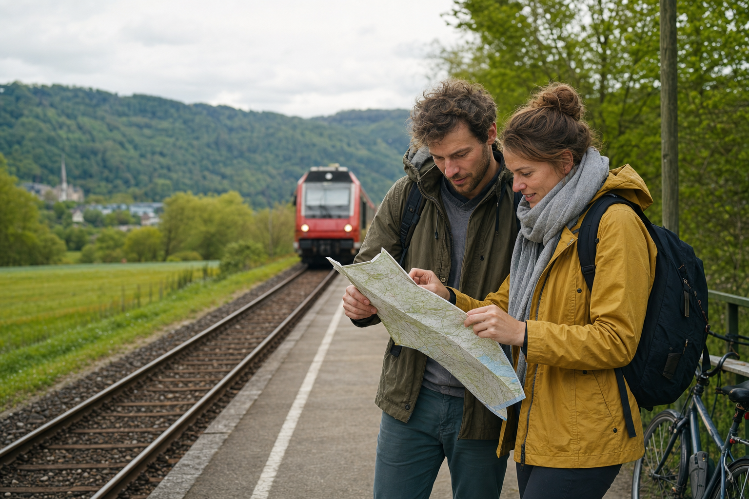 Zwei Reisende betrachten mit Rucksäcken eine Karte an einem ländlichen Bahnsteig