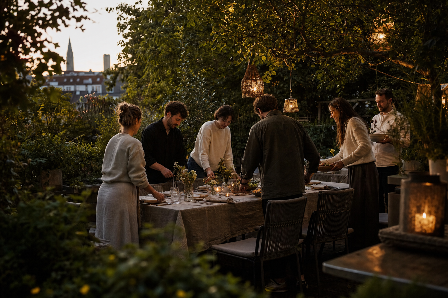 Freunde decken bei warmem Abendlicht gemeinsam einen langen Tisch auf einer grünen Terrasse